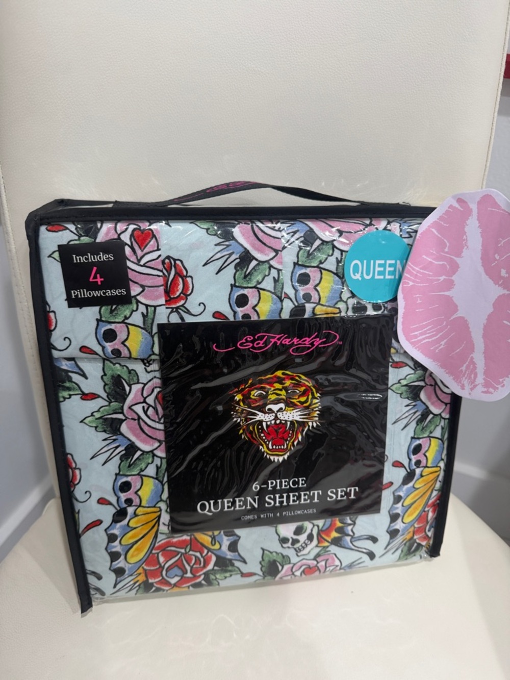 Ed Hardy Queen Sheet Set - Light Blue with Multicolor Tattoo Floral Print